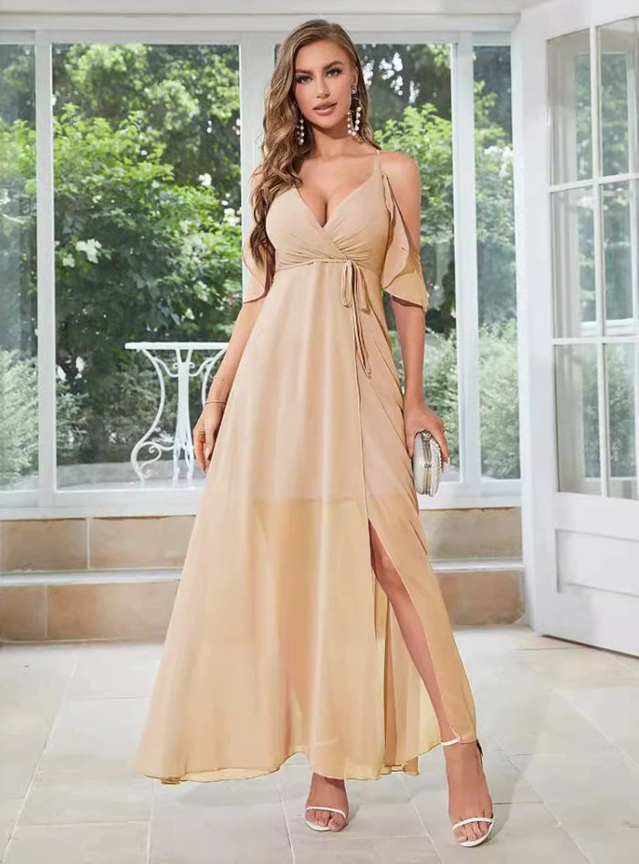 Apricot Chiffon Straps Split Prom Dress