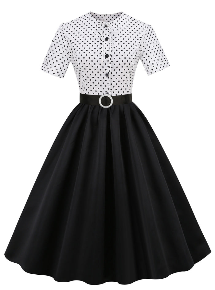 Retro Polka-dot Short-sleeved Round Neck Dress