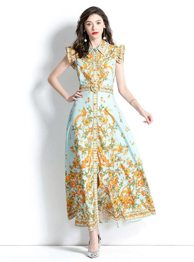 Retro Palace Lotus Leaf Sleeve Printed Dress