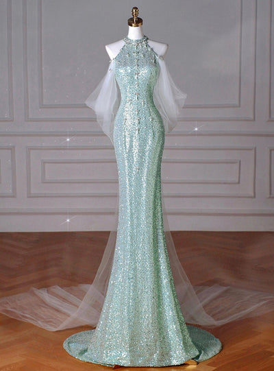 Green Mermaid Sequins Beading Backless Prom Dress
