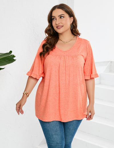 V-neck Pleated Loose Ruffled Loose T-shirt