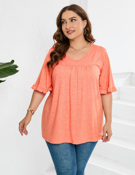 V-neck Pleated Loose Ruffled Loose T-shirt
