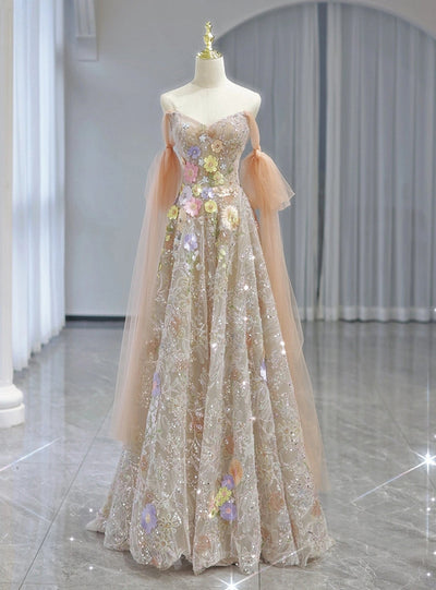 Champagne Tulle Sequins Strapless Appliques Prom Dress