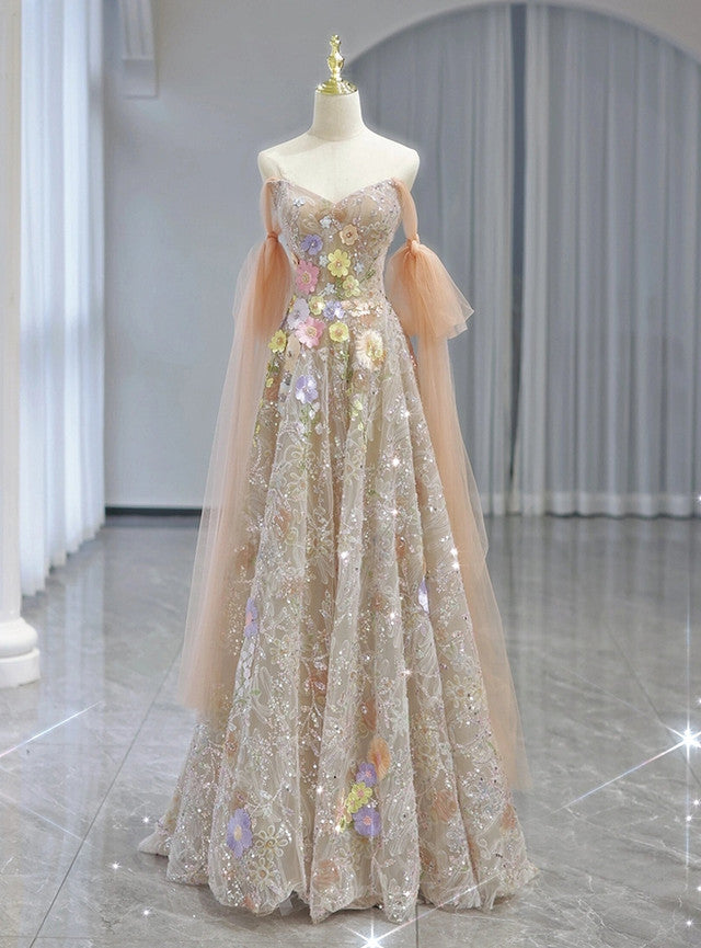 Champagne Tulle Sequins Strapless Appliques Prom Dress