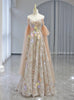 Champagne Tulle Sequins Strapless Appliques Prom Dress