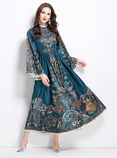 Retro Stand-up Breasted Flared Sleeve Printed Dress