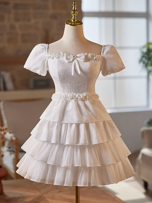 White Puff Sleeve Tiers Bow Homecoming Dress