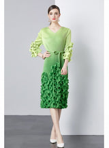 Folding Wooden Ear Ruffled Slim V-neck Gradient Dress