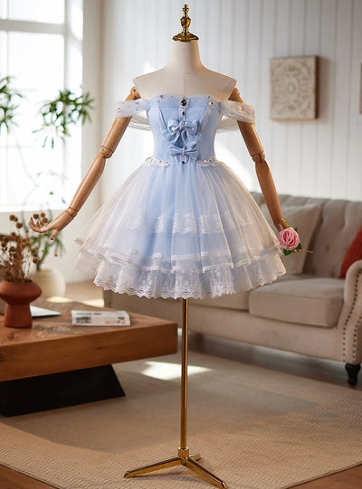 Blue Tulle Lace Bow Homecoming Dress