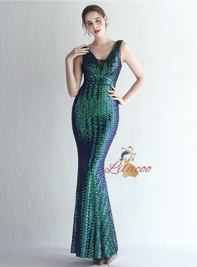 V-neck Mermaid Sequins Prom Dress