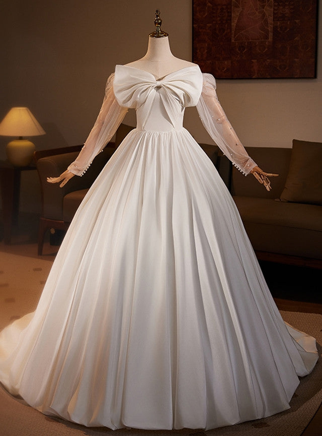 White Satin Long Sleeve Off the Shoulder Wedding Dress