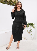 V-neck Slim Slit Plus Size Long Sleeve Dress