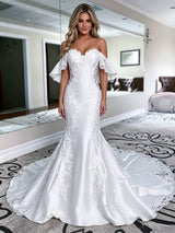 White Mermaid Satin Off the Shoulder Lace Wedding Dress