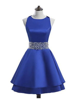 Royal Blue Satin Backless Beading Homecoming Dress