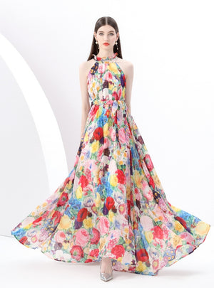 Seaside Holiday Halter Printed Chiffon Dress