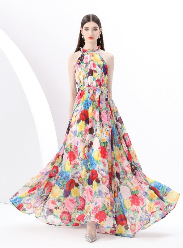 Seaside Holiday Halter Printed Chiffon Dress