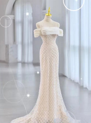 White Mermaid Sequins Spaghetti Straps Prom Dress