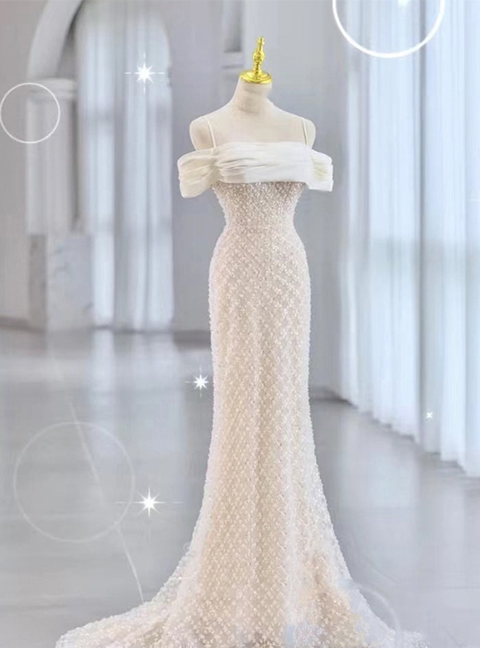 White Mermaid Sequins Spaghetti Straps Prom Dress