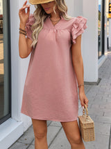 Stand-up Collar Solid Color Ruffled Dress