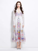Palace Deep V-neck Lace Horn Sleeve Button Printed Dress