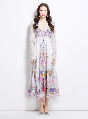 Palace Deep V-neck Lace Horn Sleeve Button Printed Dress