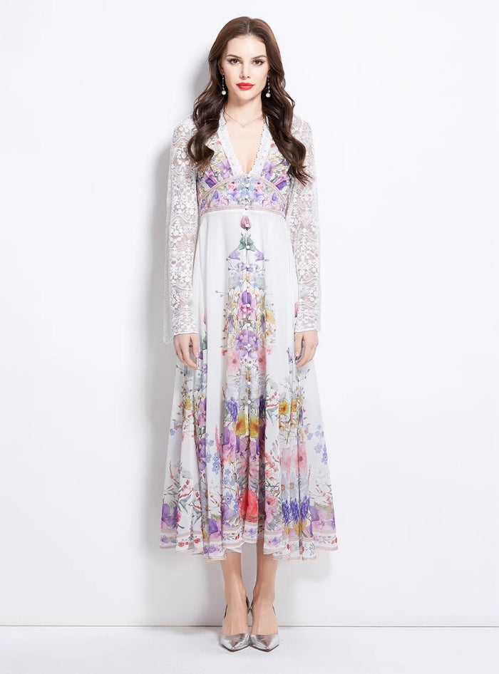 Palace Deep V-neck Lace Horn Sleeve Button Printed Dress