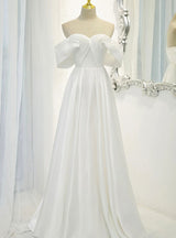 White Satin Off the Shoulder Pleats Wedding Dress