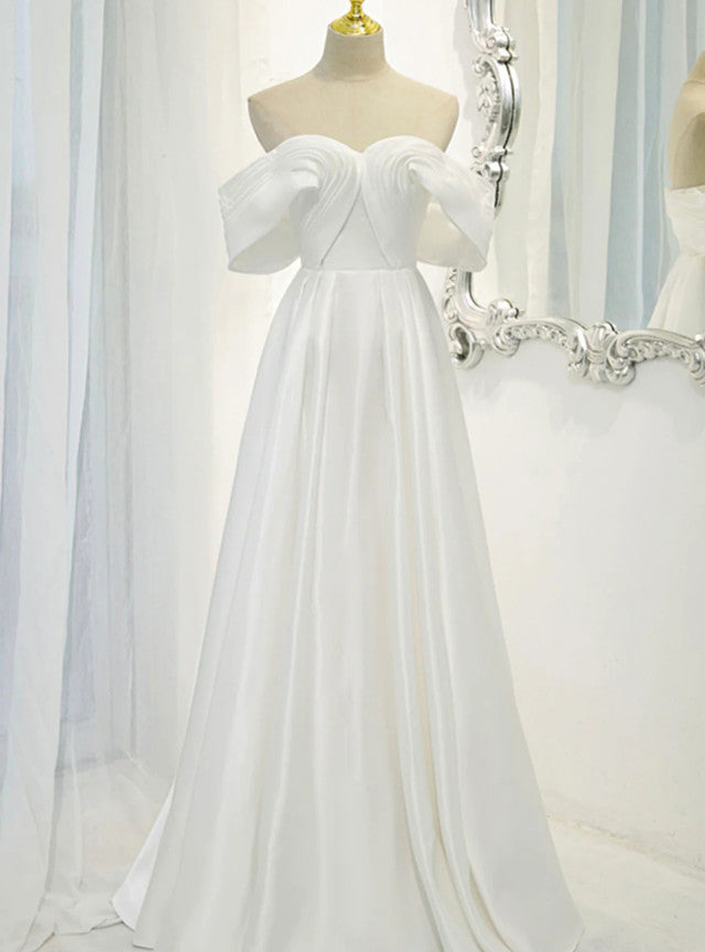 White Satin Off the Shoulder Pleats Wedding Dress