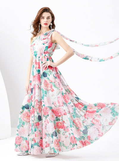 One-shoulder Chiffon Long Printed Dress