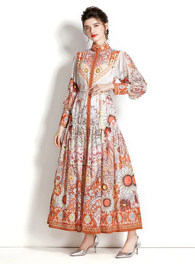 Long Sleeve Retro Lantern Sleeve Printed Dress