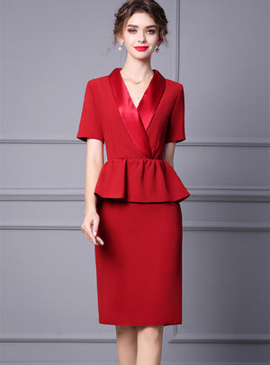 Red V-neck Short Sleeve Mother Of The Bride Dress