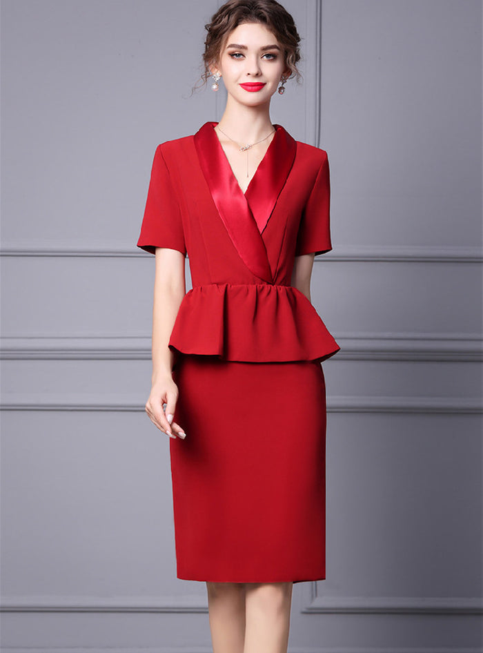 Red V-neck Short Sleeve Mother Of The Bride Dress