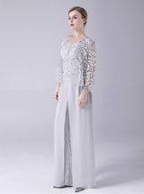 Gray Chiffon Lace Mother Of The Bride Dress