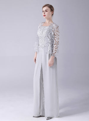 Gray Chiffon Lace Mother Of The Bride Dress