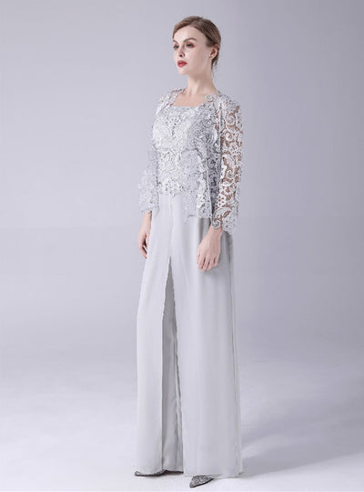Gray Chiffon Lace Mother Of The Bride Dress
