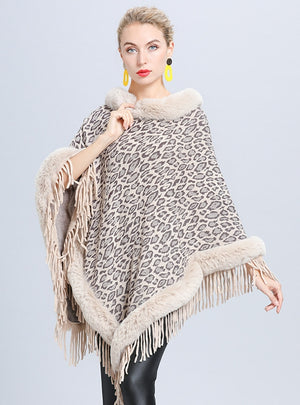 Knitted Fringed Pullover Cloak Shawl