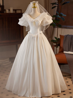 Vintage Satin Lace Short Sleeve Flower Wedding Dress