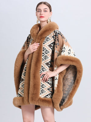 Hooded Knitted Loose Jacquard Cloak Shawl