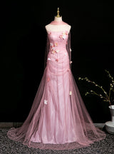Pink Mermaid Tulle Strapless Flower Prom Dress