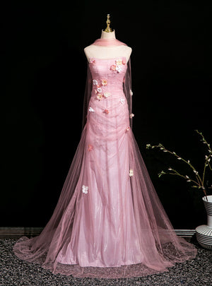 Pink Mermaid Tulle Strapless Flower Prom Dress