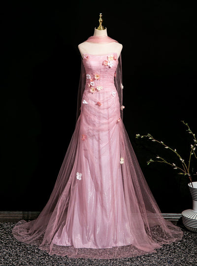 Pink Mermaid Tulle Strapless Flower Prom Dress