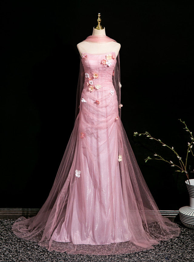 Pink Mermaid Tulle Strapless Flower Prom Dress