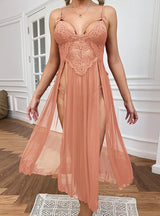 Sexy Gauze Deep V Lace Slit Suspender Pajamas