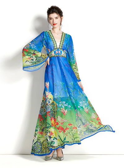 Long-sleeved V-neck Flared Sleeve Printed Dress