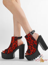 Retro Fishmouth Black and Red Lace Roman Platform High Heels