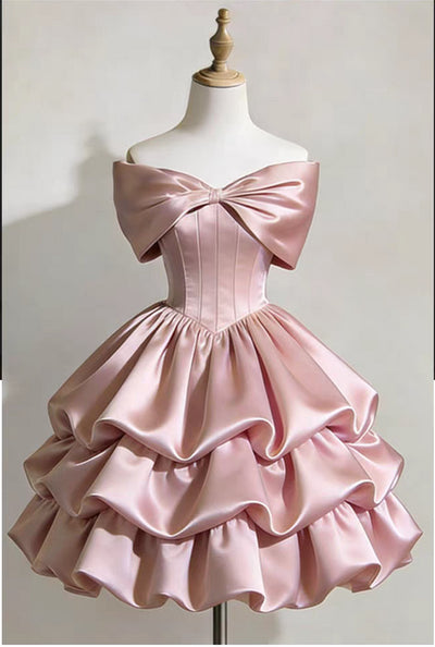 Pink Satin Off the Shoulder Tiers Homecoming Dress