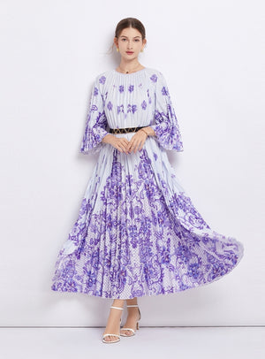 Cropped Sleeve Round Neck Printed Pleated Dress