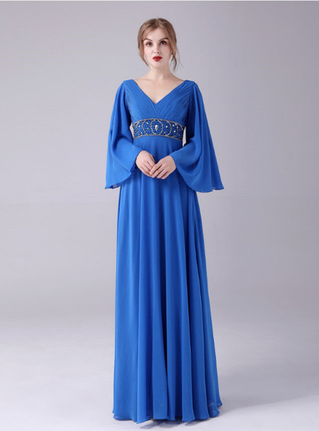 Royal Blue Chiffon V-neck Pleats Mother Of The Bride Dress