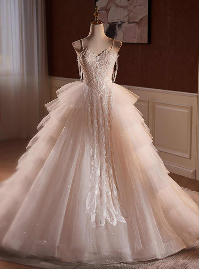 White Tulle Spaghetti Straps Tiers Wedding Dress
