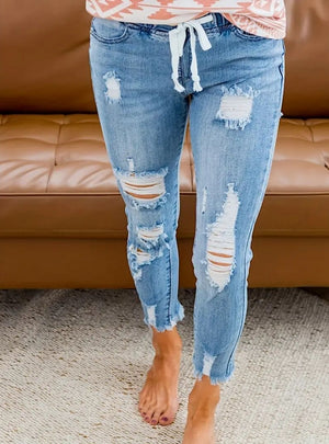 High Waist Holes Elastic Waist Jeans